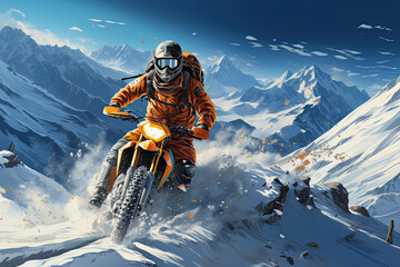Male biker on a motorcycle rides on a snowy off-road through challenging terrain in the mountains in winter