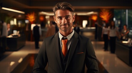 Cheerful male receptionist greets guests with his smile in the hotel lobby. - obrazy, fototapety, plakaty