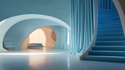 Inside an architecture made out of colorful linnen, elegant, blue color pallet