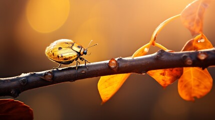 A close up of a branch of a tree and a golden bug on the top a leaf - Powered by Adobe