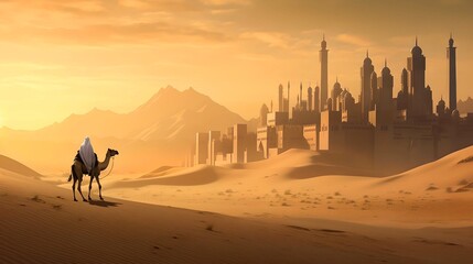 Ancient Town in the Desert: Minaret Towers and Camel Travel