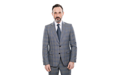 successful businessman man in office suit has business success is leader isolated on white
