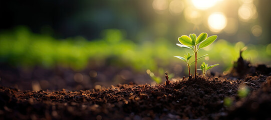 Young Green Plant Growing in Brown Soil with Morning Sunlight. Concept of Nature Rebirth, New Beginnings, Organic Agriculture, and Environmental Sustainability. - obrazy, fototapety, plakaty