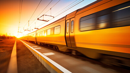 Naklejka premium High speed passenger train in motion - long exposure - Generative AI