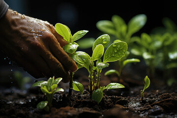 Wet Human Hand Carefully Watering Young Green Plants in Dark Soil. Concept of Nurturing Growth, Organic Farming, and Environmental Care.