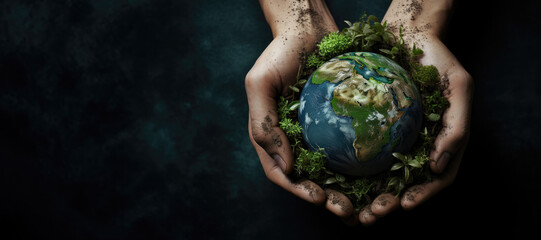 Human hands holding planet Earth surrounded by green plants on a dark background. Concept of ecology, nature conservation, and environmental awareness.