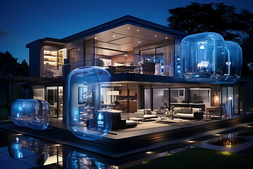 Visionary Smart Home of the Future. The image portrays a futuristic smart home environment where advanced technology seamlessly integrates with daily life, generative AI