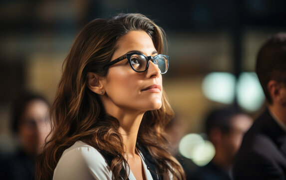 Woman entrepreneur listening attentively visiting a seminar and make notes in notebook