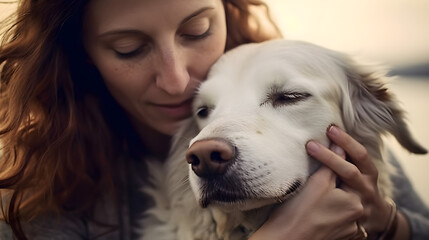 Affectionate Embrace: Young Woman and Loving Dog Enjoying a Cuddle, Expressing Friendship and Comfort in a Cozy Home Setting