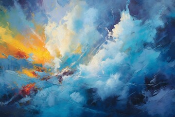 A vibrant, blue abstract artwork depicting a scenic cloudscape. Generative AI