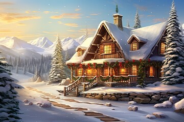 Santa Claus house at North Pole. Holiday of Christmas and New Year. Rustic cozy fairy-tale house. Winter landscape with snow and Christmas trees. AI Generated - obrazy, fototapety, plakaty