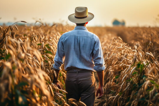 farm life, farmer is checking the wheat crop