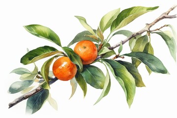 Artistic watercolor painting of a mandarin orange fruit branch with leaves on a plain white background. Generative AI