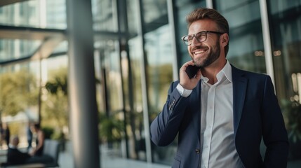businessman in suit talking on the phone smiling