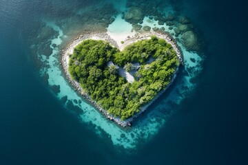 Heart-shaped Caribbean island seen from above, representing a vacation spot. Generative AI