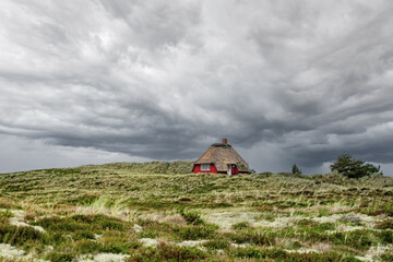 Red Danish-style house in a pasture surrounded by dunes. Windy day in Denmark by the sea. Scandinavian architecture in the middle of nowhere. Travel destination and autumn vibes with a cloudy sky.