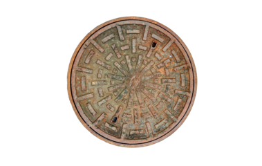 Rusted manhole cover, grunge style manhole cover, rounded edge, isolated PNG transparent