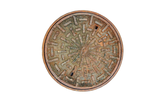 Rusted manhole cover, grunge style manhole cover, rounded edge, isolated PNG transparent