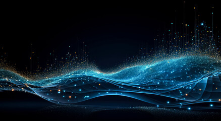 Abstract blue wave pattern background on dark background, in the style of precisionist lines, confetti-like dots, circuitry, smooth and curved line.