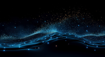 Abstract blue wave pattern background on dark background, in the style of precisionist lines, confetti-like dots, circuitry, smooth and curved line.