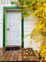 Białe drewniane drzwi w drewnianym budynku z zieloną framugą i jesienne żółte liście. Wesoła jesień w domu.