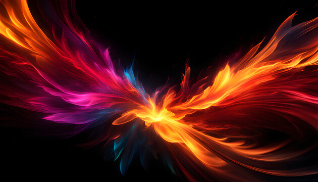  Abstract colored flames in a burst on a black background with copy space