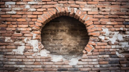Round hole in an old brick masonry background.