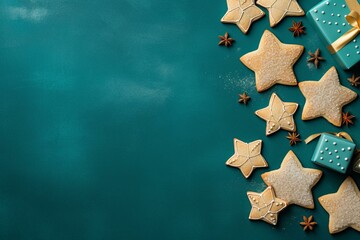 Festive presents and star-shaped cookies on a turquoise background, from above. Generative AI