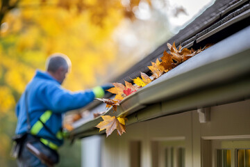 A person cleaning gutters by removing leaves - obrazy, fototapety, plakaty