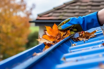 A person cleaning a gutter with a leaf on it