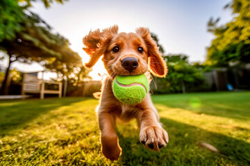 A playful dog running with a tennis ball in its mouth