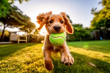 Fototapeten A playful dog running with a tennis ball in its mouth © Nedrofly
