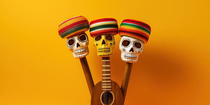 A collection of decorative skull sticks. dia de los muertos