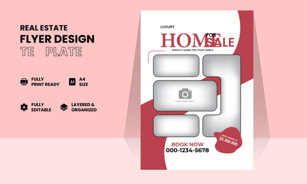 Real estate flyer design template with modern abstracted shape. Space for image. Vector illustrated. Creative and clean unique design.