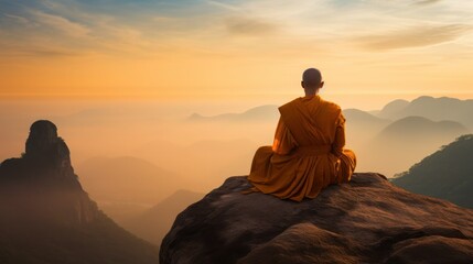 A monk meditates in nature