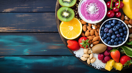 Photo of a variety of colorful healthy snacks, including fresh fruits, nuts, and seeds, spread out on a wooden table with a vibrant smoothie bowl in the center garnished with coconut flakes and bluebe
