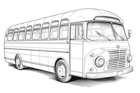 Bus coloring book page, in the style of elegant outlines, captivating, simple, graphic black outlines.