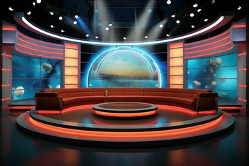 Virtual TV studio with advanced 3D technology for broadcasting news. Generative AI