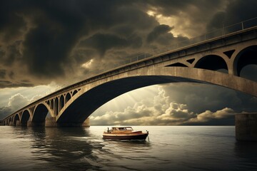 A boat passes under a bridge, cloudy dark sky above, few clouds above the bridge. Generative AI