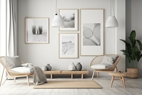 Scandinavian-styled interior featuring a minimalist poster frame and modern furniture. 3D illustration. Generative AI