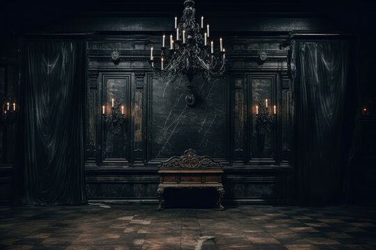 Fototapeta Haunted room wallpaper classical architecture, rustic texture, black background, grandiose composition.