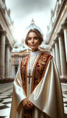 Portrait of a Beautiful Young Woman as the New Pope. Generative AI.