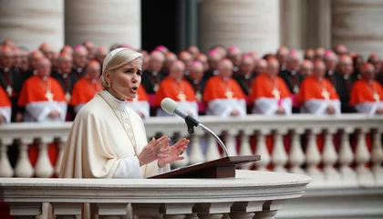 Fotobehang Historic Moment: Female Pope Elected on Vatican Balcony. Generative ai. © Uolir