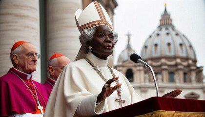 Disruptive Feminism: Black Girl Pope at Vatican Balcony. Generative ai. - obrazy, fototapety, plakaty
