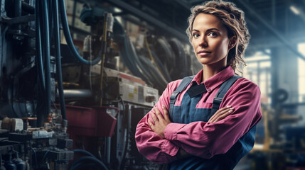 White woman manufacturing worker in facility with arms folded