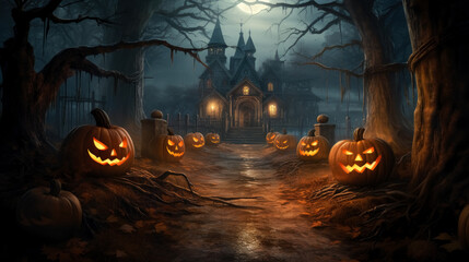 Halloween night in the countryside, Halloween scene with pumpkins on a path. - obrazy, fototapety, plakaty