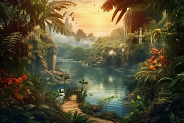 Mesmerizing tropical scenery with pathway through lush jungle, lake, and river. Captivating fairytale landscape. Generative AI