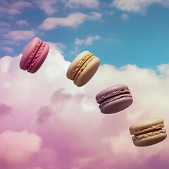 macaroons on a blue background with pastel clouds