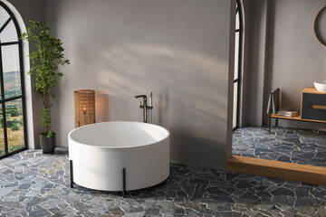 Country style bathroom interior with vanity, white sink, bathtub, pavement floor and dark gray...
