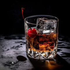 old fashioned drink with cherry on a black background, room for text